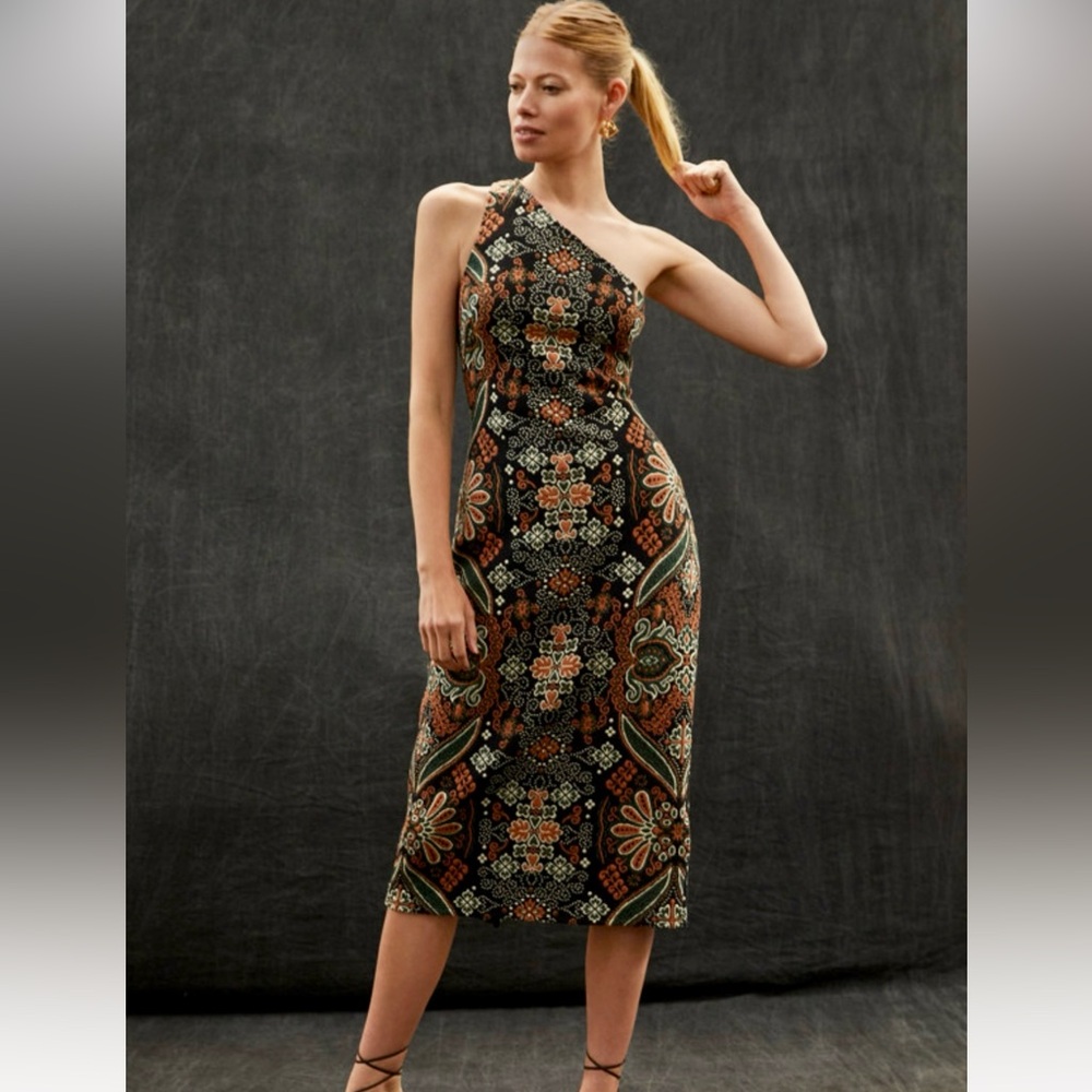 Anthropologie One Shoulder Jacquard Midi Dress